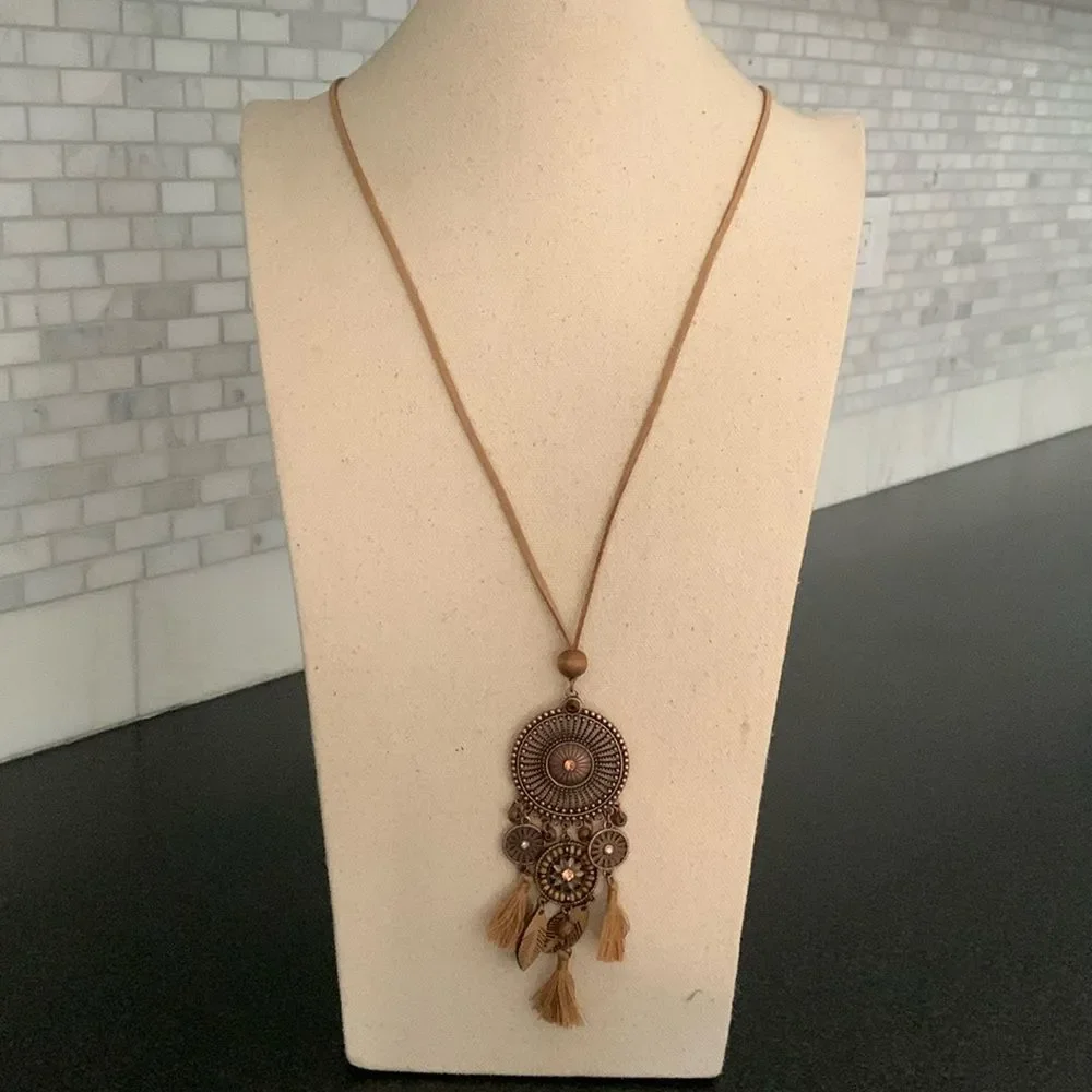 Men’s Boho Medallion Pendant Necklace – Bronze Tone with Faux Suede Cord